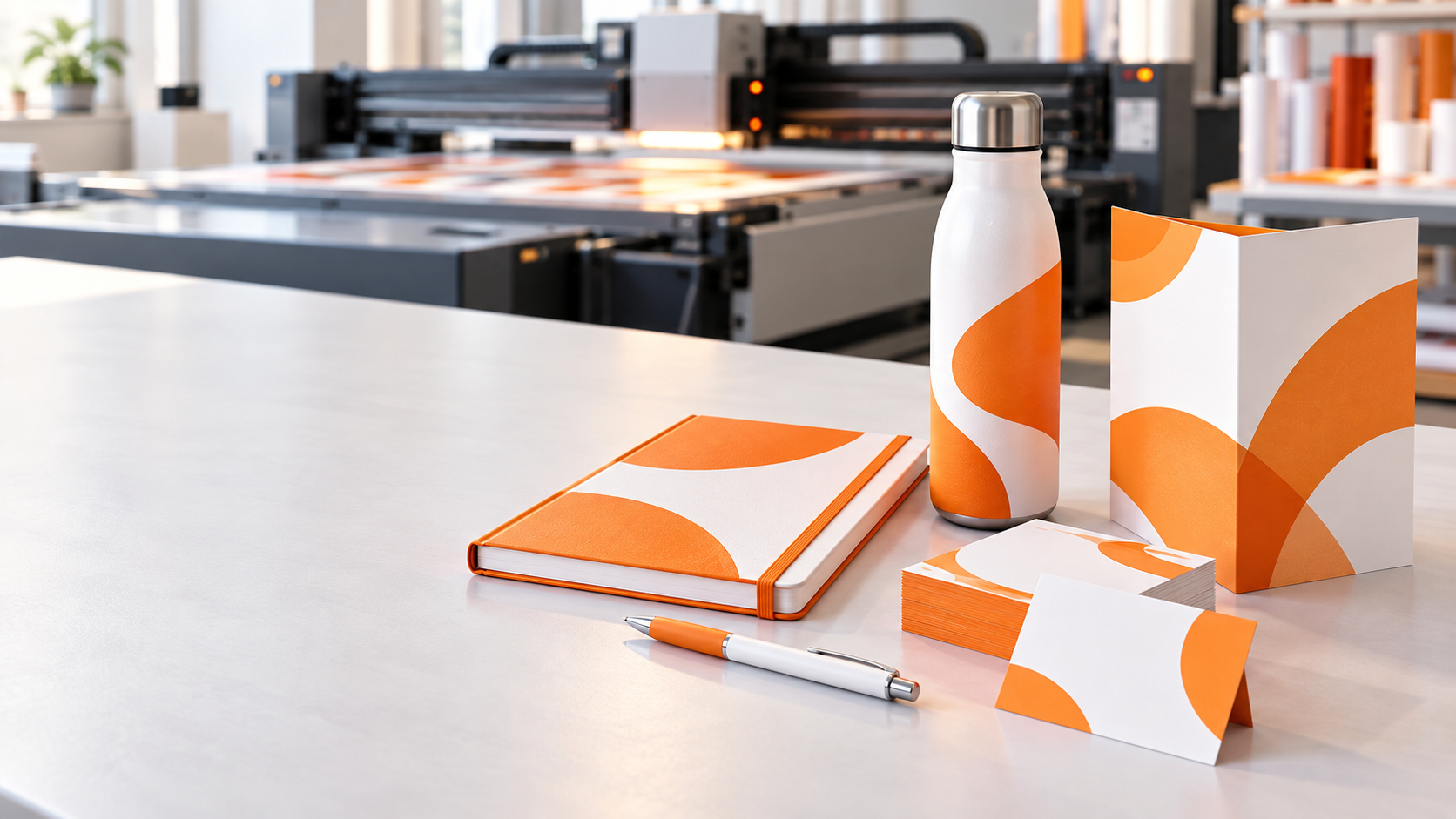 Branded orange and white notebooks, bottles and printed materials in a Dubai print studio